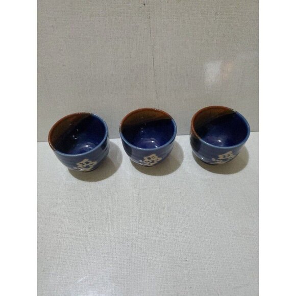 Japanese Sake Cup Set of 3 Blue Brown Drip Glaze Pottery Wabi Sabi - Picture 3 of 4